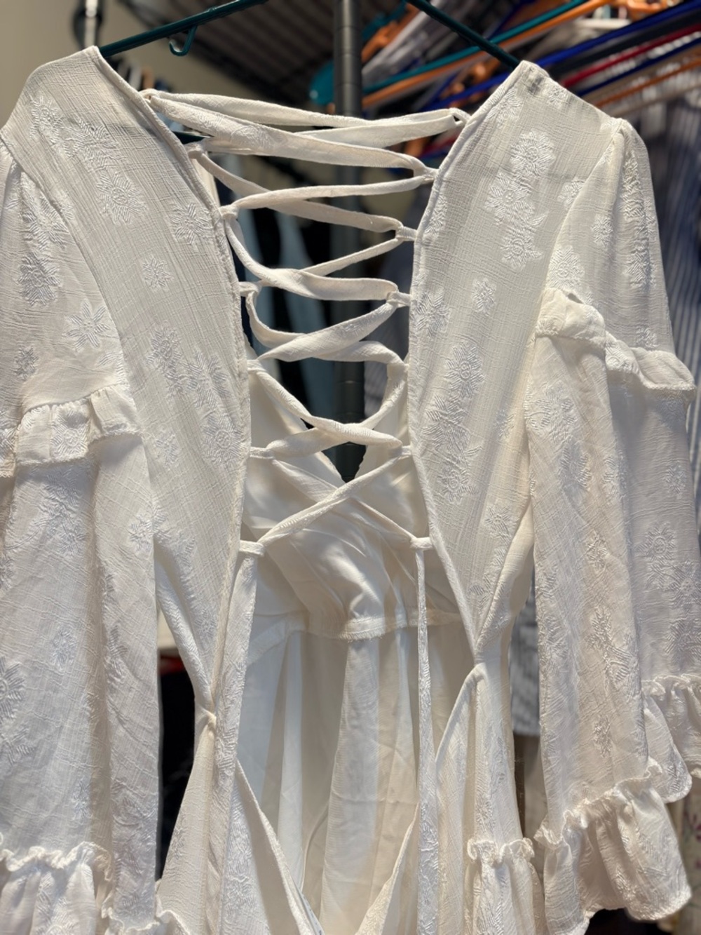 Ivory Textured Ruffle Sleeve Mini Dress - Picture 3 of 6